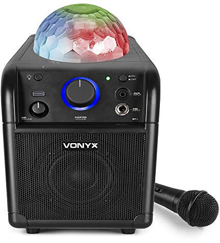VONYX SBS50B Kids Karaoke Machine with Microphone, Portable Bluetooth Karaoke Speaker System, Rechargeable Battery, LED Party Light Effect, AUX Input & Echo Vocal Feature, Black