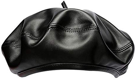 MEGAUK Damen Barett Französische Mütze Mädchen Wollmütze Beanie Maler Kappe Prinzessinhut Fraumütze Baske Baskenmütze Beret Cap Frühling Herbst Winter Hut (Leder Schwarz)