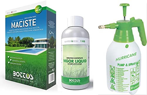 Maciste, Sementi per tappeto erboso ideale per zone aride 1Kg + Concime Biostimolante Vigor Liquid per Prato da 1 kg Bottos con Pompa Spruzzatore 2lt