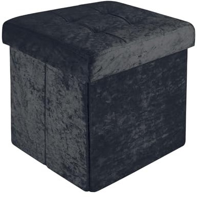 INTIRILIFE Faltbare Sitzhocker 30x30x30 cm in Samt Schwarz - Sitzwürfel mit Deckel und Stauraum aus Stoff mit Mulden - Sitzcube Fußablage klappbare Aufbewahrungsbox Truhe Sitzhocker