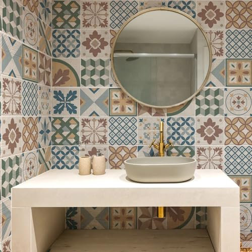 RE-COVERTILES - Autocollants Carrelage Salle de Bain et Cuisine 12 Pcs 15x15 cm - PS00207 Décoration Murale en carrelage mosaïque PVC imperméable Style Carreaux de Ciment Azulejos