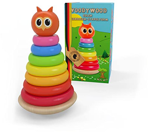 WoodyWood® - Eulen-Stapelturm aus Holz für Baby und Kinder ab 1 Jahr, 10-teilige Pyramide zum Stapeln, Baby Stapelturm mit Farbringen zur Förderung der Motorik und der Konzentration, Holzspielzeug