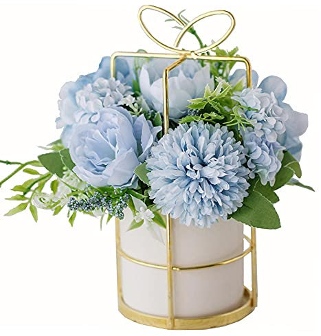 KIRIFLY Künstliche Blumen mit Vase,Unechte Blumen Deko Künstlich Pfingstrose Seide Hortensien Dekoration Blumenarrangements Hochzeit Blume Tischdekoration(blau mit Vase)