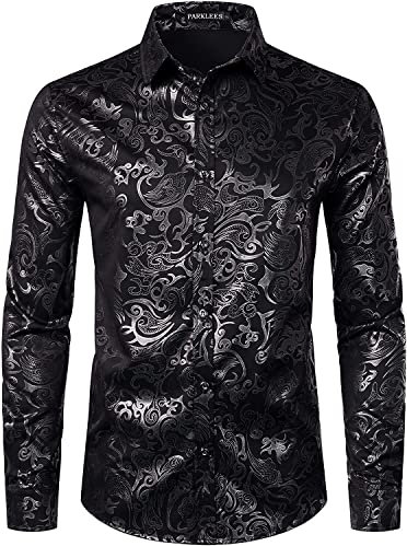 PARKLEES Men's Luxury Gold Prom Design Slim Fit Long Sleeve Button up Party Dress Shirts Black M