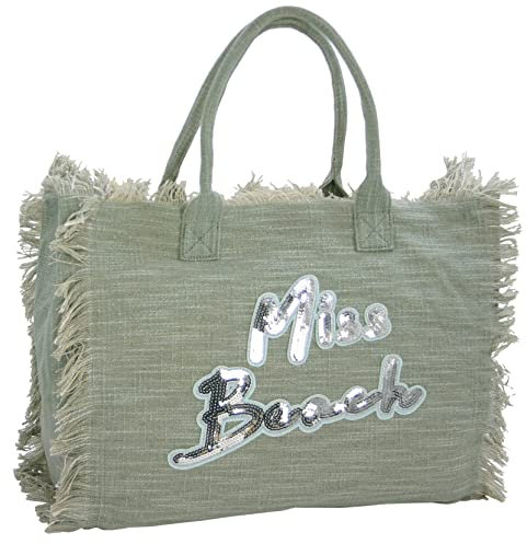 Miss Beach - Badetasche mit Reißverschluss - Glitzer Strandtasche - 29 Liter Volumen - Shopper aus Canvas