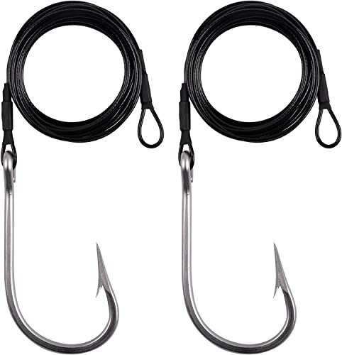 JSHANMEI Stainless Steel Wire Leader with Tuna Shark Hooks, 6/0 Size, 400 lb Breaking Strength, Black, Big Game Fishing Rig