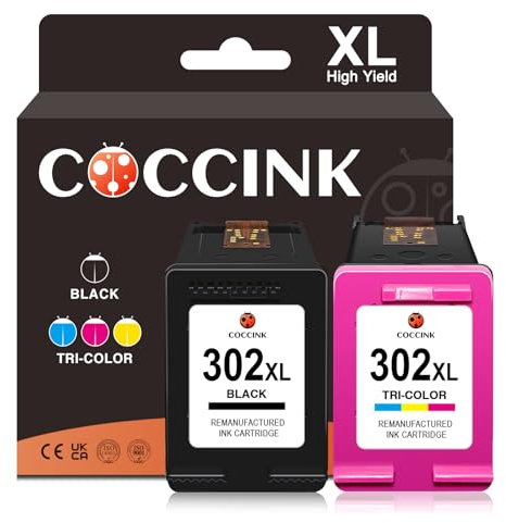 COCCINK 302XL Druckerpatronen für HP 302 XL für DeskJet 3630 3633 3636 3639 2130 2134 Officejet 3830 3831 3835 4650 5230 Envy 4520 4523 4524 4527 Wiederaufbereitete Patronen (1 Schwarz 1 Farbe)