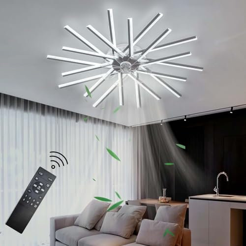 Inteligente Ventilador Techo Con Luz Motor De Reversible Moderno Regulable Ceiling Fan with Light Gran Plafón Ventilador Techo Para Dormitorio Fan Light Y Mando a Distancia Silencioso-Black||100cm