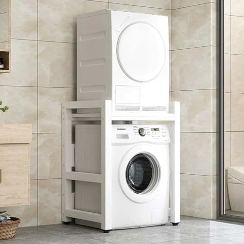 Mueble Lavadora Secadora Mueble para Lavadora Altura Ajustable Mueble Lavadora y Secadora Vertical Capacidad de 350kg Estantería Lavadora sin Montaje en Pared o Perforación (Blanco, Marco Blanco)