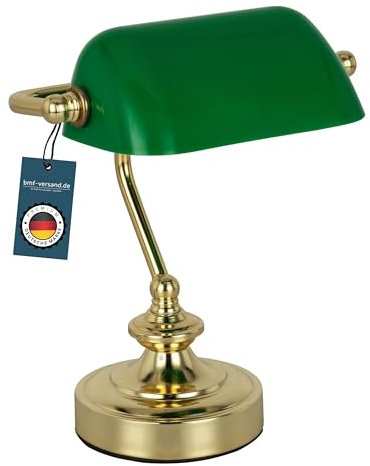 bmf-versand® Schreibtischlampe Gold Retro Tischlampe Vintage Bankerlampe Grün Messing Nachttischlampe Metall Bankers Lamp Lampenschirm Stehlampe Acrylglas Höhe 24 cm