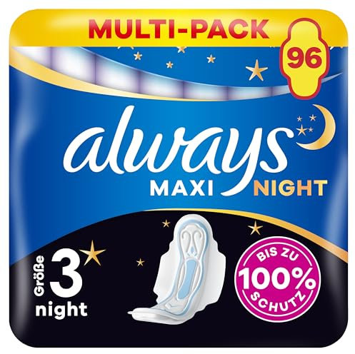 Always Maxi Night Binden Mit Flügeln (Größe 3) 12 Stück, Bis zu 100% Schutz, einzeln verpackt