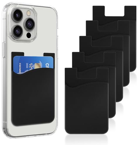 WLLHYF 5 Pack Phone Wallet and Card Holder - Silicone Stick-On Credit Card Sleeve Pocket for Cell Phone Cases - Compatible With Most Phones (Black)