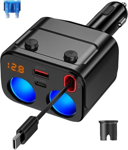 180W Retractable Car Charger Cigarette Lighter Splitter, 5 in 1 USB C Fast Car Charger with Retractable Cable, 2 USB Ports, 2-Plug 120W Max Cigarette Lighter with Separate Switch LED Voltmeter