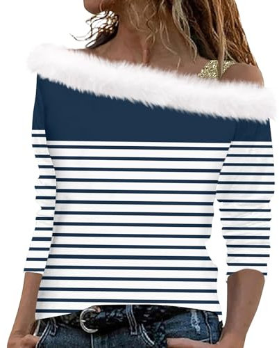 Off Shoulder Weihnachtsshirt Damen Glitzer Chritmas Drucken Oberteile Ugly Pullover Plüsch Schulterfrei Langarm Tunika Tops Langarmshirts Elegant Weihnachtsbluse Weihnachtspullover(Dark Blue,M)