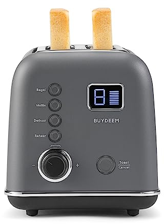 BUYDEEM 2-Slice Motorized Toaster, Retro Style Toaster with LCD Countdown Timer Removal Crumb Tray and 9 Toast Shade Settings, for Bagels, Waffles, Muffins - Ink Grey