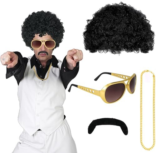 Hyran Hippie-Kostüm für Herren, 4-teiliges 70er 80er Jahre Outfit mit Afro Perücke, Karnevalskostüme, Disco Hip Hop Accessoires für Fasching, Themenpartys Cosplay Kostüm