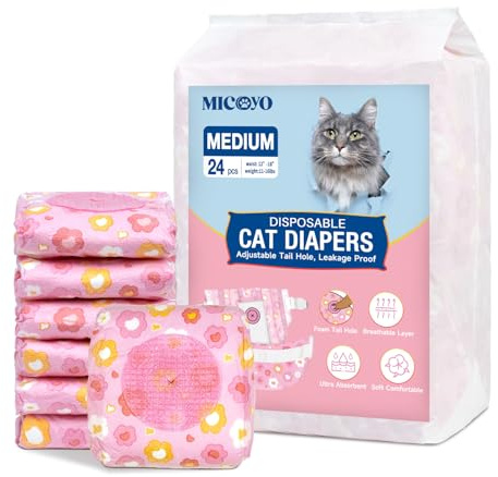 MICOOYO Disposable Cat Nappies Female Super Absorbent Puppy Nappies Cat Dog Hygiene Pants Cats Diapers for Female in Heat & incontinence(M, 24pcs,pink)