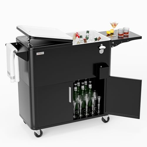 Bonnlo 76L Getränkekühler auf Rollen mit Stauraumschrank – Mobiler Kühlwagen mit Flaschenöffner, Ablauf & Rollen, Servierwagen, Kühlbox für Garten, Terrasse, Pool & Partys, 78 x 39 x 84 cm, Schwarz