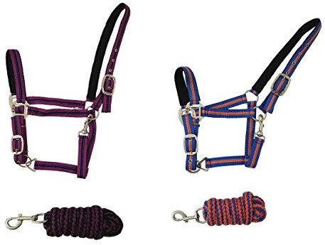 NETPROSHOP 2-Fach Verstellbares Halfter im Set mit Passendem Führstrick ca. 1,90m Pony Cob Full, Groesse:Full, Farbe:Lila