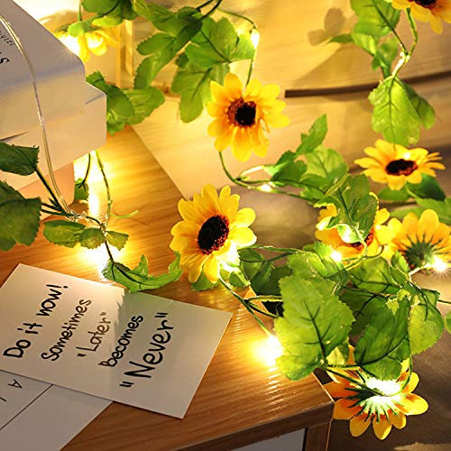 Lichterkette mit grünen Blättern, DINOWIN Sonnenblume String Lichter Künstliche Seidenblumen AA-Batterien, 2 m lang, 20 LEDs, flexibles Kupfer