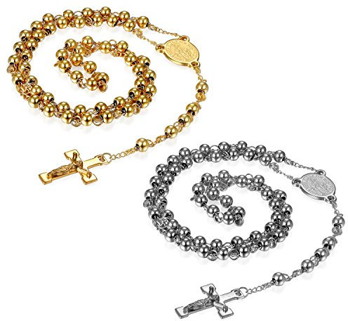 Flongo Rosenkranz Kette Halskette, 2 Stück Edelstahl Anhänger Halskette Kugelkette Silber Gold Golden Jungfrau Maria Jesus Christus Kruzifix Kreuz Kugel Perlen Klassiker Herren,Damen Accessoires