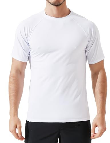 Arcweg Rashguard Men Short Sleeves Diving UV Protection UPF 50+ Elastic Rash Vest Loose Fit Top Swimming Quick Drying Surfing Pool T-Shirt Sports Top Rashie L(EU) White