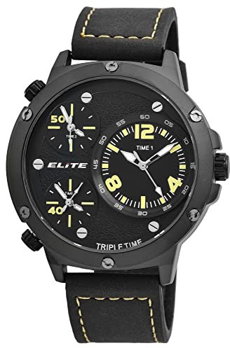 Excellanc Elite Herrenuhr Schwarz Gelb Analog Triple Time Weltzeit 3 Zeiten Zeitzonen Kunst-Leder Quarz 3 Bar Armbanduhr