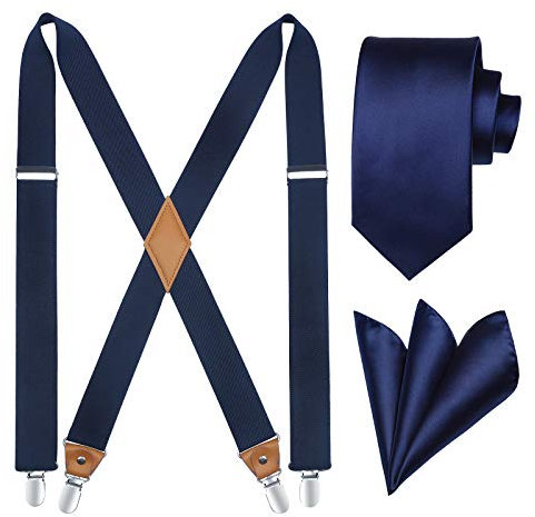 HISDERN Hosenträger für Herren X Form mit sehr Starken 4 Metall Clip Elastisch und Längenverstellbar Marinblau Hosenträger Krawatte mit Einsteckuch Set