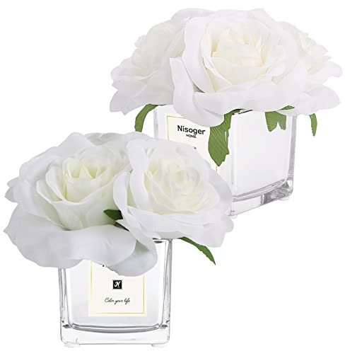 Nisoger Fiore Artificiale, Confezione Da 2 Fiori Artificiali Decorativi Con Rosa Bianca Con Vaso, Fiori Finti In Vaso Per Decorazioni Per La Casa Da Tavolo Da Interno Officeo - Bianco - 2 Pezzi