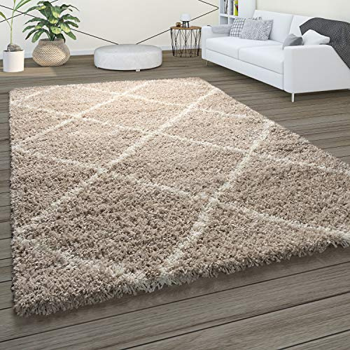 Paco Home Hochflor Teppich Wohnzimmer Schlafzimmer Shaggy Skandinavisch Rautenmuster, Grösse:150 cm Quadrat, Farbe:Beige