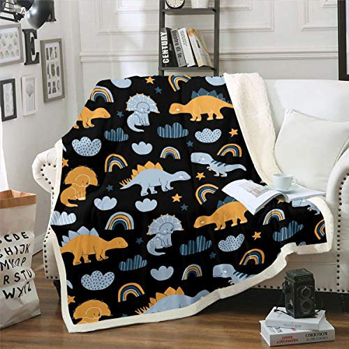 Homemissing Dinosaurier Decke 220x240cm Niedlicher Karikatur Dino Kuscheldecke für Kinder Dschungeltiere Muster Dekor Wohndecke Schöne Tierwelt Stil Leicht Schwarz