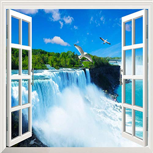 Photo Papier Peint Fenêtres cascades oiseaux 3D Intissé Décoration Murale XXL Poster Trompe l oeil Tableaux Muraux pour Salon Chambre Toile de Fond Mur 300x210cm
