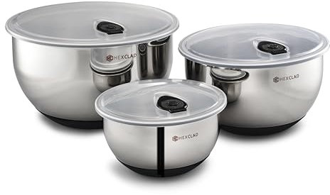 HexClad Edelstahl-Rührschüssel-Set, 3-teilig mit vakuumversiegelten Deckeln und rutschfestem Boden, 1,3, 3 und 5 Liter Schüsseln