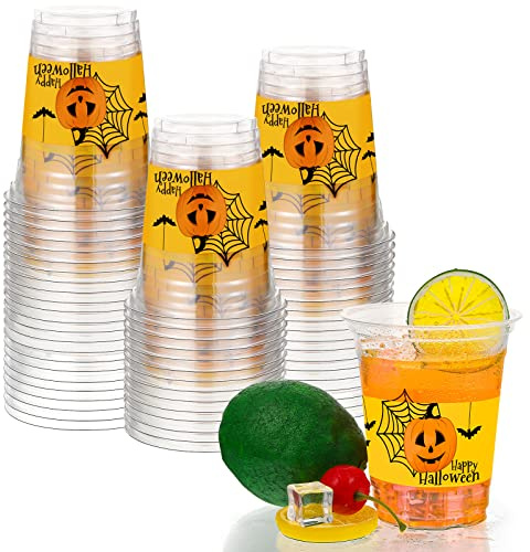 Orange Plastic Pumpkin Party Favor Cups Halloween Party Cups Printed Party Cups Reusable Halloween Cup Disposable Cups for Kids Adults(24 Pieces)