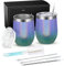 Joymaking 2 Stück Weinbecher Edelstahl, Stemless Weinbecher mit Deckel, Doppelwandige Unbreakable Travel Becher für Milk, Kaffee, Wein, Bier, Champagner, Cocktails, Bunt