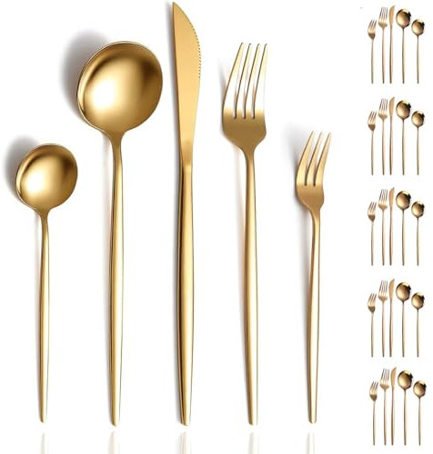30 teilig Besteck Set, Essbesteck aus Edelstahl für 6 Personen, Goldenes Spiegel Poliert Besteck Set Spülmaschinenfest, Besteck mit Messer, Gabel, Löffel, für Party, Restaurant, Familie, Hochzeit