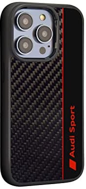 Audi Sport Handyhülle - Kompatibel mit iPhone 14 Pro - Stoßabsorbierende Hülle mit Carbon - mit präzisen Aussparungen für Kamera, Anschlüssen & Tasten - Schwarz mit roten Details