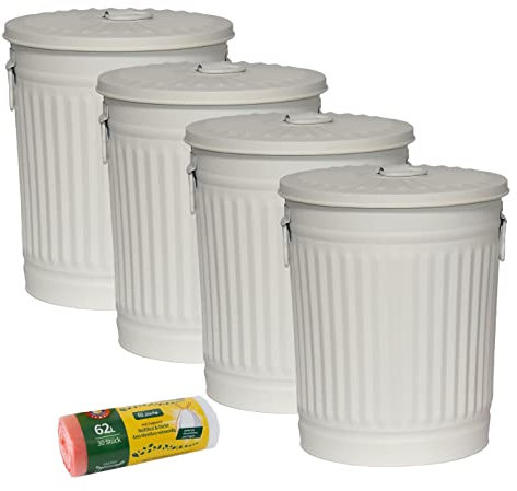 Jinfa Lot de 4 poubelles en métal avec poignées et couvercle + 30 sacs poubelles | Blanc Crème | 62L