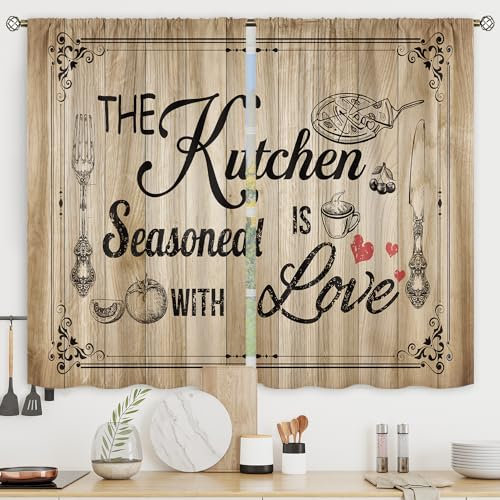 Riyidecor Rustikale Küchenvorhänge im Landhausstil, Vintage, braun, Holzplanke, kurz, klein, Retro-Landhaus, Stangentasche, lustig, Vintage, Bauernhof, Holz, Schlafzimmer, Wohnzimmer,