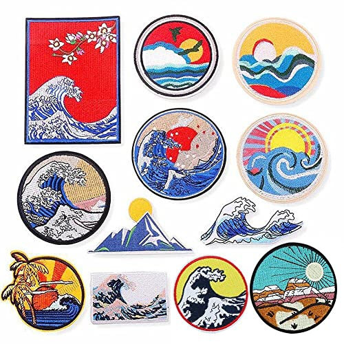 Fopytu 12 Pcs Eisen Auf Flecken Die Große Welle Vor Kanagawa Gesticktes Patche Applique Set, Näht Reparaturpatch DIY -zubehör Für Kleidungsstücke