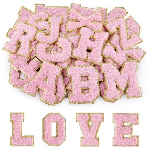 Morcheiong 52Pcs Self Adhesive Chenille Letter Patches A-Z, Iron on Letters for DIY Clothing, Fabric, Shoes, Bags (Light Pink)