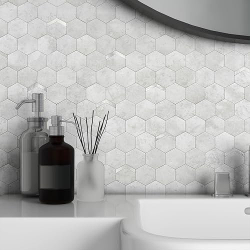 VAOVI Mosaikfliesen Sechseck Aufkleber Fliese Matt,Wandfliesen Küche Selbstklebend Fliesenaufkleber 3d Steinoptik Badezimmer Wasserdichte(10 Stücke,Zement Grau)