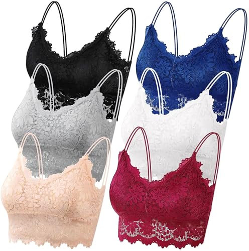 Leezepro Damen BH 6er Pack Ohne Bügel Push up Crop Top Sexy Bustier Spitze BH Set Sport BH für Alltag Yoga Fitness(Schwarz-Weiß-Grau-Haut-Rot-Blau,XL)