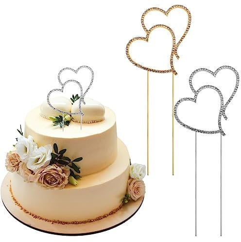 Bezavea 2PCS Double Heart Wedding Cake Topper,Crystal Double Hearts Cake Topper,Silver Diamante Heart Cake Decorations,Sparkling Crystal Cake Topper,for Wedding Cake,Wedding Party