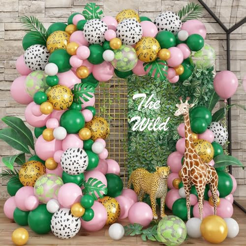 Dschungel Deko Luftballon Girlande, Dunkel Grün Rosa Weiß Kuh Gold Leopard Palmblätter Tiere Ballons, Safari Geburtstagsdeko Ballongirlande für Mädchen Wild One Geburtstag Babyparty Party Dekoration