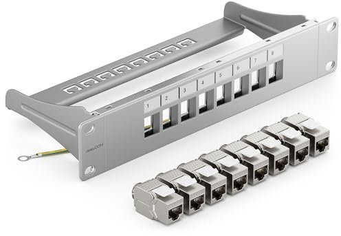 deleyCON Kit de 8 Ports Panneau de Brassage Modulaire 1 U 10 Installation en Rack + 8x Modules Keystone RJ45 CAT6a Compatible avec Câble Réseau LAN CAT5 CAT6 CAT7 Câble D'Installation Gris