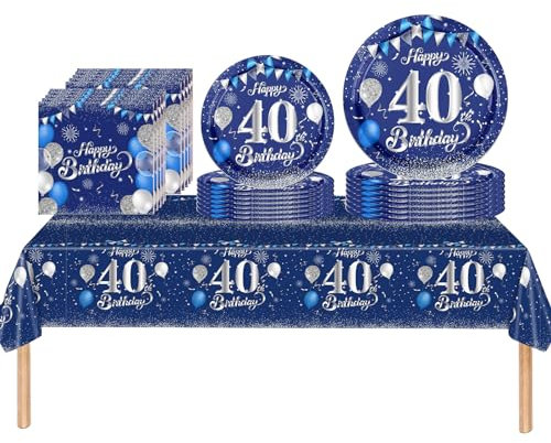 53Pcs Navy Blue and Sliver Happy 40th Birthday Party Tableware Set Plastic Table Cloth,Paper Plates Napkins 40th Birthday Table Decorations Disposable Tableware Kit for Man Men Him 40th Birthday Party