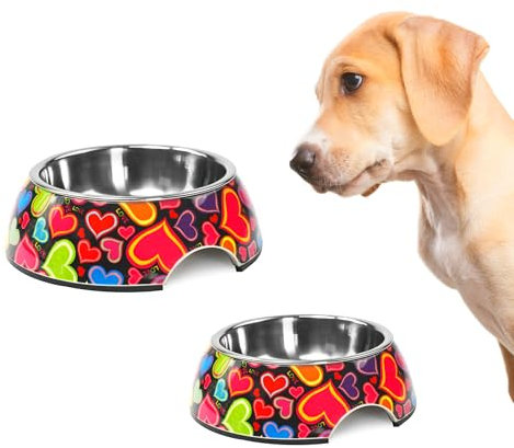 Record - Gamelle pour Chien et Chat Lovely - Acier Inoxydable et mélamine - Munie d'œillets antidérapants - Taille Ø 17,5 cm - Capacité 350 ML - Motif cœurs Multicolores