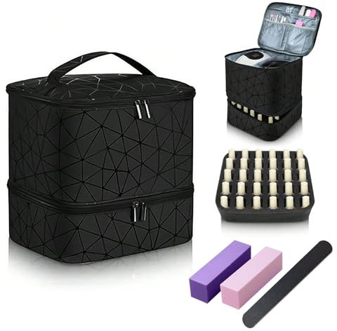 Nagellack Aufbewahrung Tasche Doppelschicht Nagellack Tasche Wasserdicht Organizer Kosmetiktasche Make Up Aufbewahrung Für 30 Nagellackflaschen Und 1 Led-Nagellampe