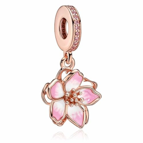 MSPOVOF Oro Rosa Ciliegia In Fiore Charm Argento Sterling 5A Zirconia Ciondolo per Bracciale Collane Gioielli Regalo per le donne Ladies Women